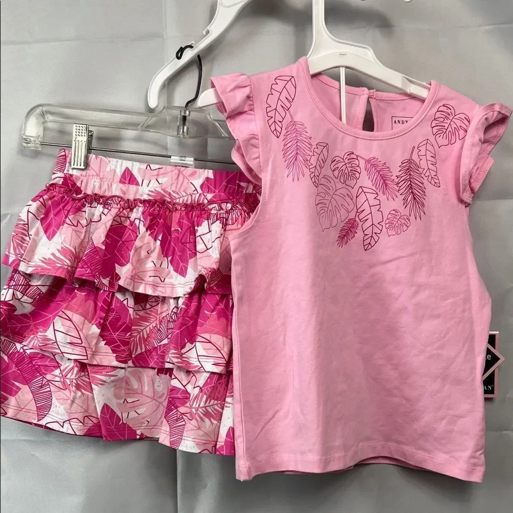 Andy And Evan pink 2-piece ruffle skirt set with shorts underneath pink palm NWT